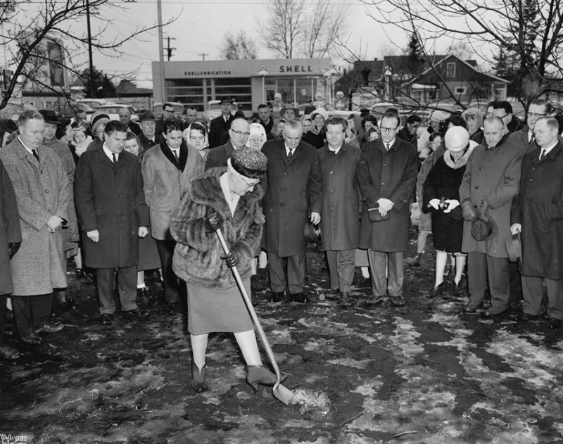 Ethel Wilson turns sod for the new Central Pentecostal Tabernacle Church in Edmonton in 1964